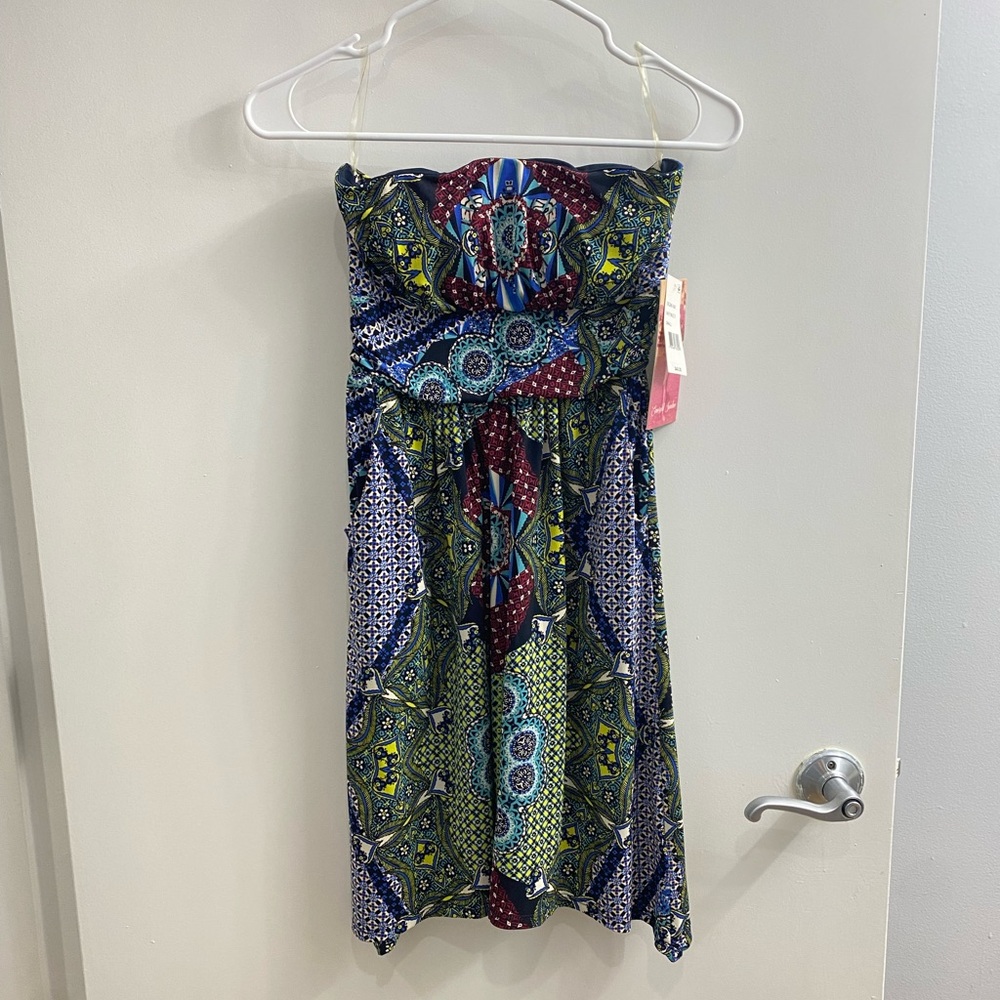 Emerald Sundae Strapless Boho Mixed-Print Mini Dress Size Small